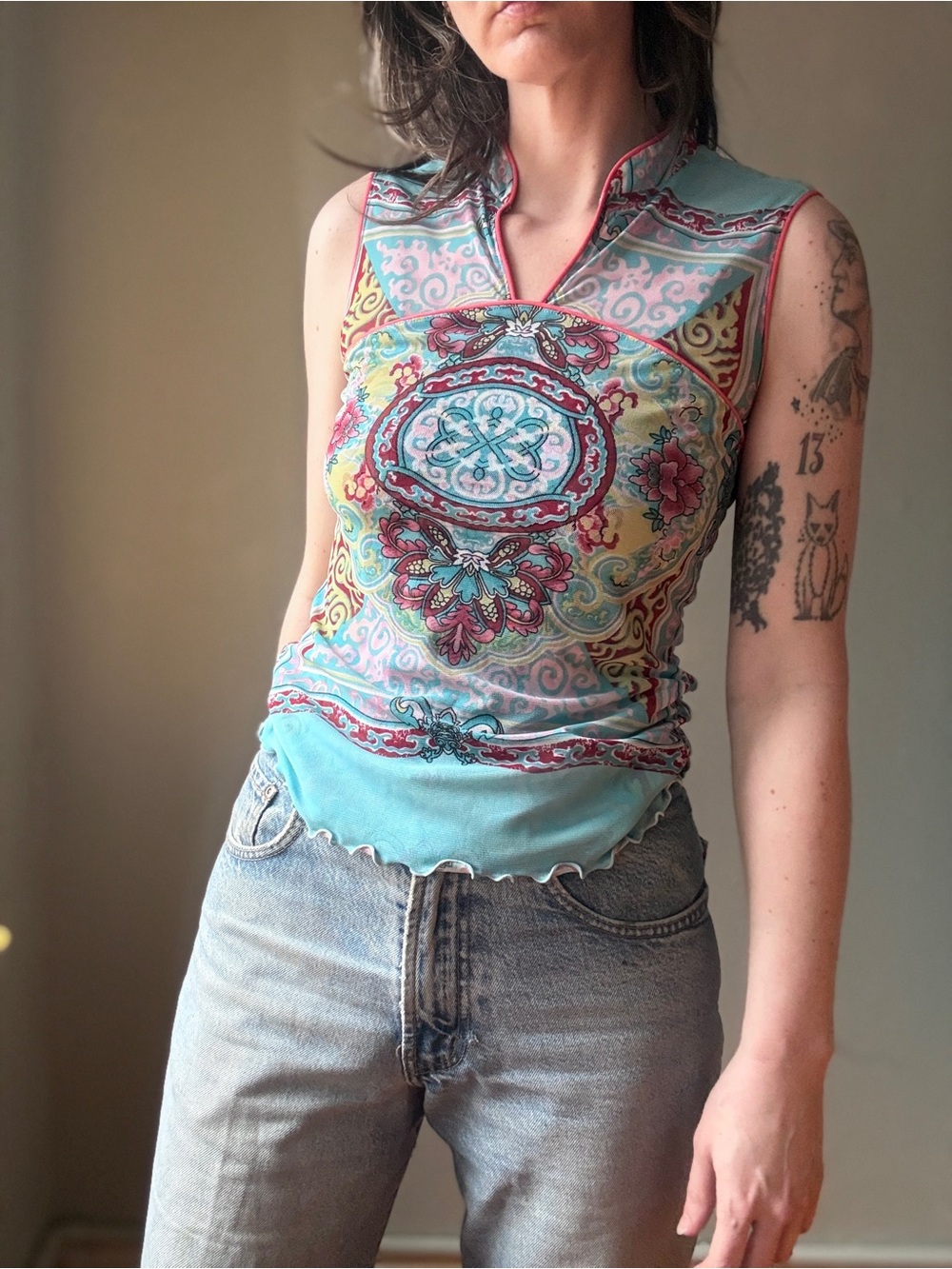 Vintage Y2K ANAC Mesh Tank Top | Pastel Fairy Grunge Floral Sleeveless Top | S